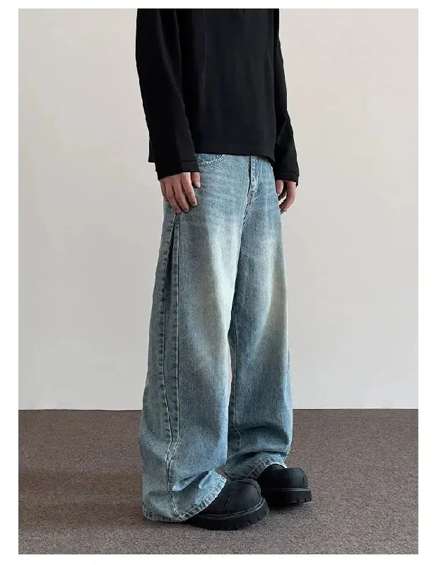 Washed Side Pleats Wide Jeans