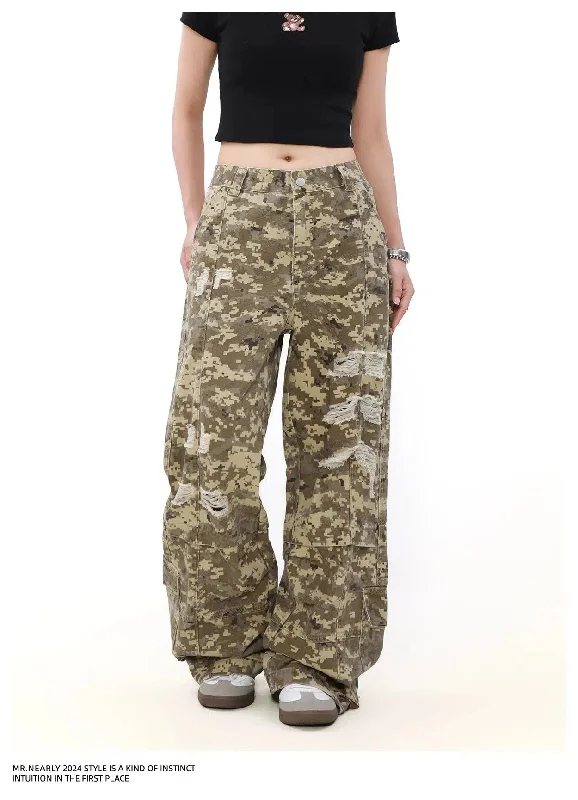 Ripped Hole Camouflage Cargo Pants