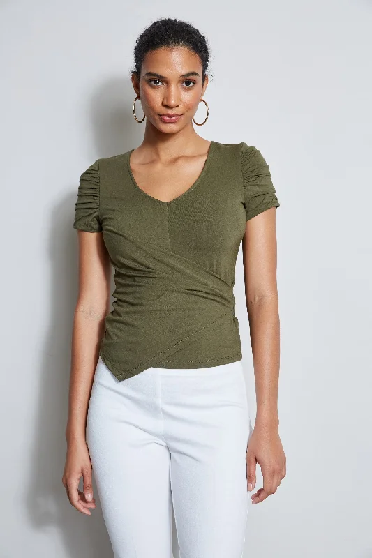 Ruched Sleeve V-Neck Knit