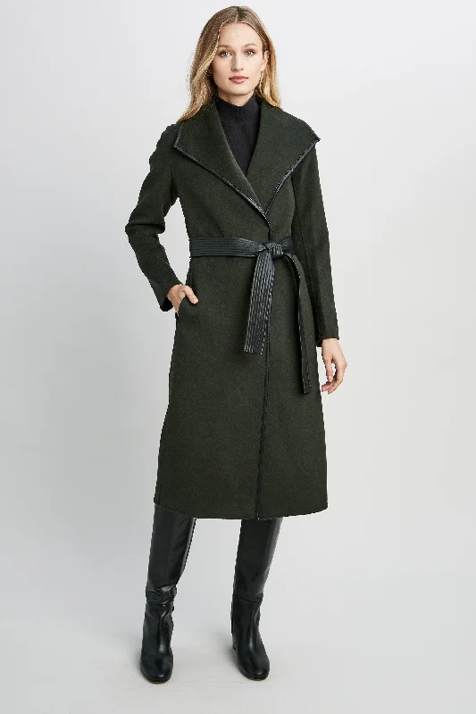 Tahari Double Face Wool Vegan Leather Trim Coat