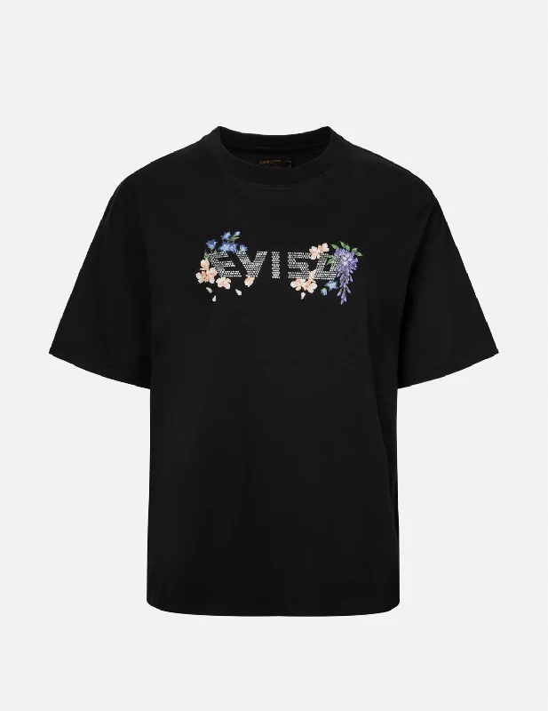 Floral Print and Rhinestone Logo Oversized T-shirt