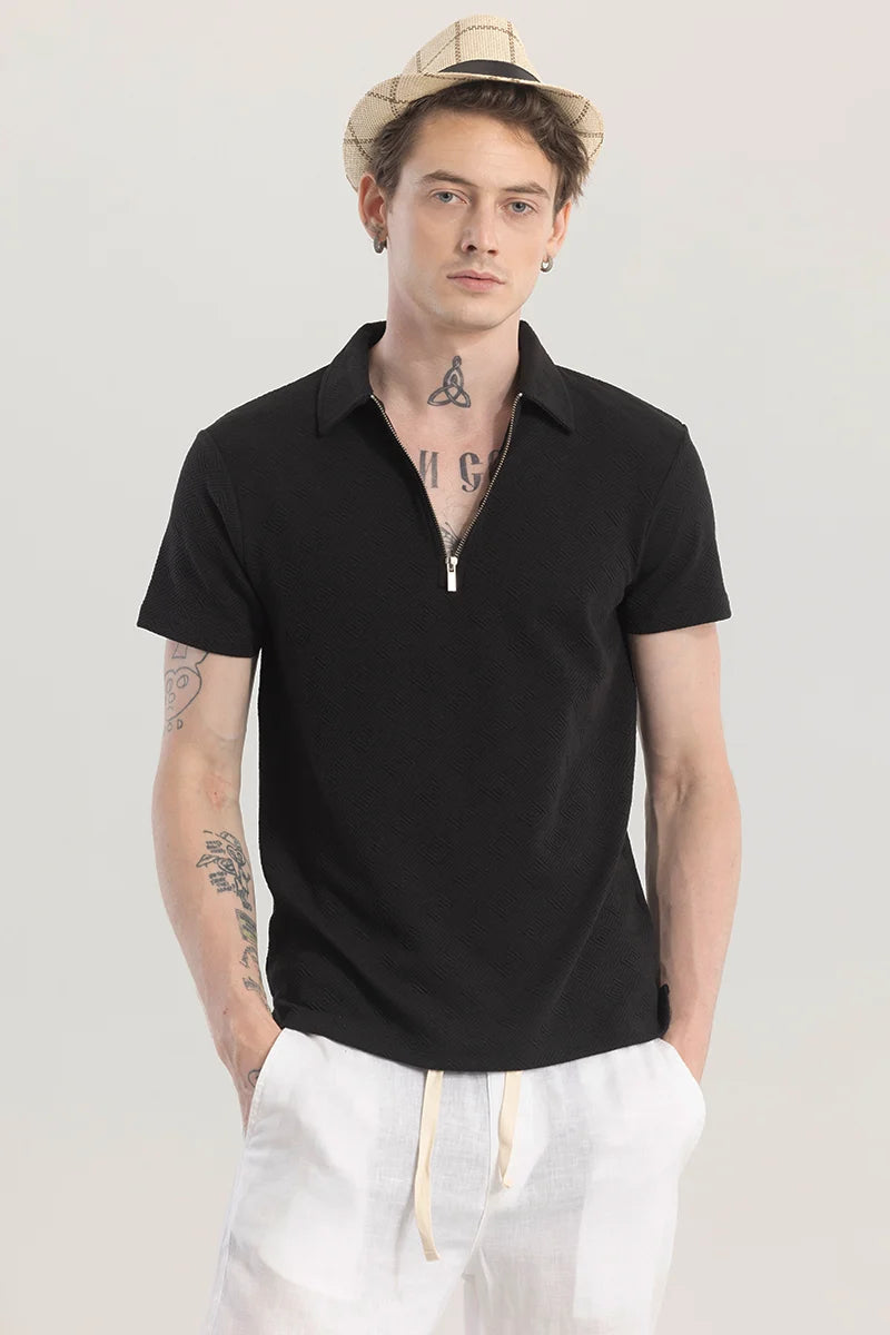 ZipPolo Black Printed Polo T-shirt