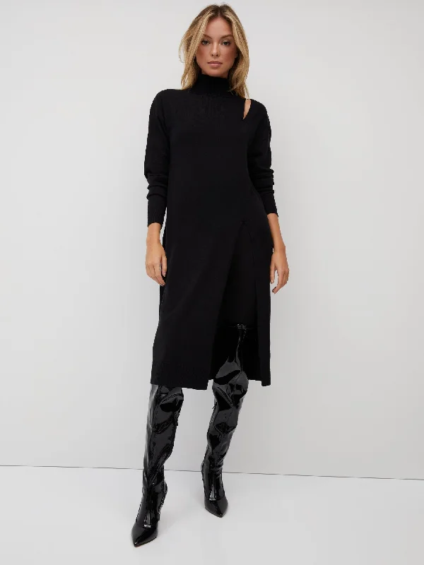 Cut-Out Front-Slit Turtleneck Tunic Sweater