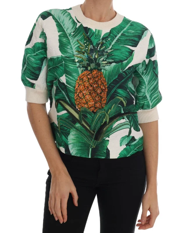 DOLCE & GABBANA Enchanted Sicily Short Sleeve Sweater with Sequined Pineapple Embroidery 38 IT Women