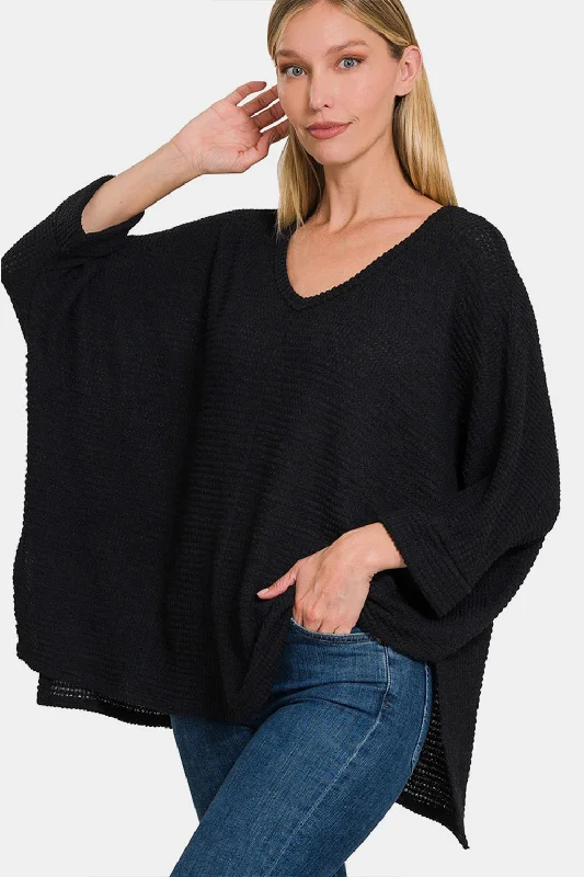 Full Size Waffle Knit V-Neck Long Sleeve Slit Top