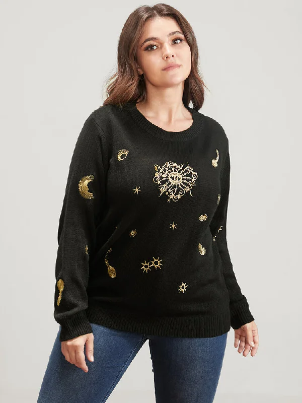 Halloween Moon And Star Pointelle Knit Embroidered Knit Top