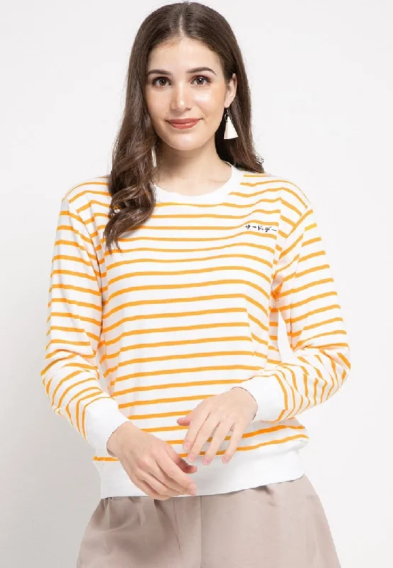 LO011 Thirdday sweater casual wanita dakir katakana stripe putih kuning