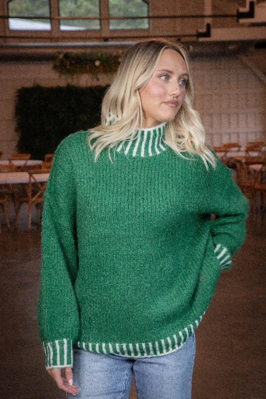 Sarina Contrast Stitched Sweater, Green