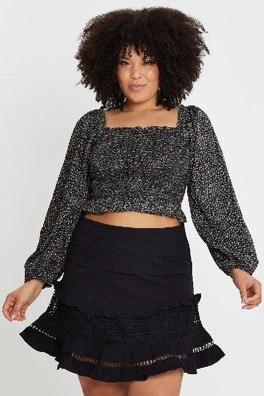 Black Cotton Blend Frill Hem Skater Skirt