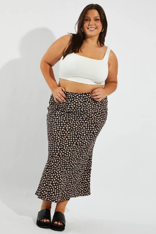 Black Ditsy Maxi Slip Skirt