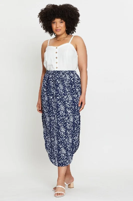 Floral Print Midi Skirt Elastic Waist