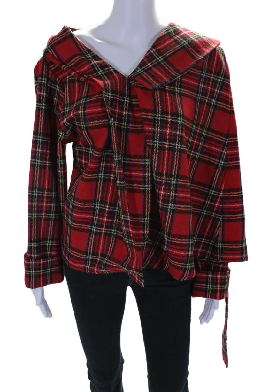 A.W.A.K.E Womens Wool Red Plaid V-Neck Long Sleeve Pullover Jacket