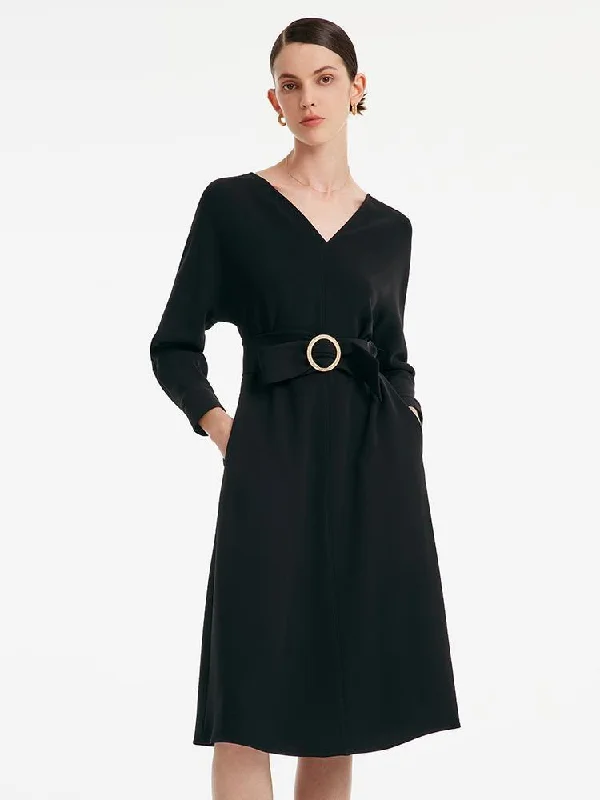 Acetate V-neck Long-sleeved Midi Dress With Belt