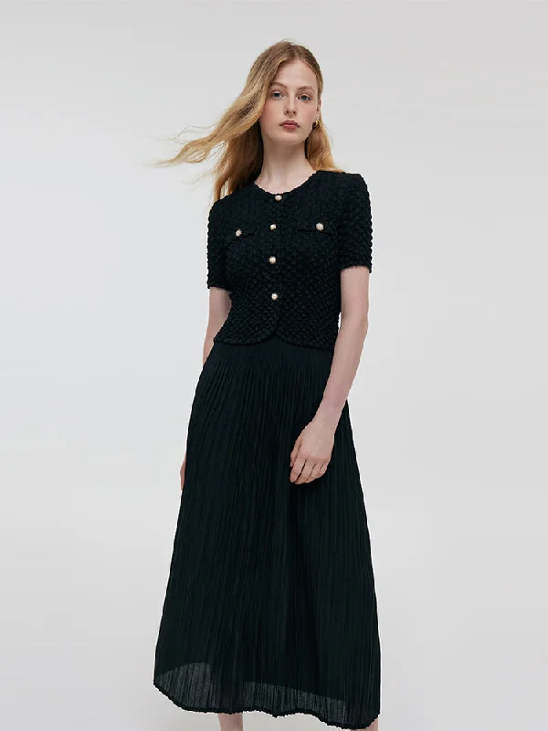 Black Top And Pleated Midi Skirt Two-Piece Set