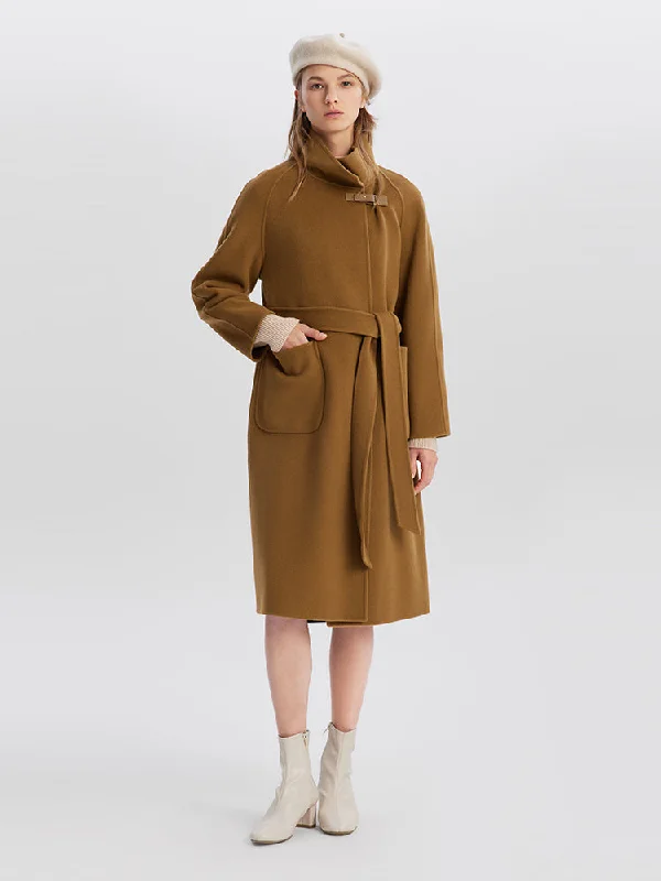 Pure Double-Faced Wool Wrapped Women Coat With Patch Pockets