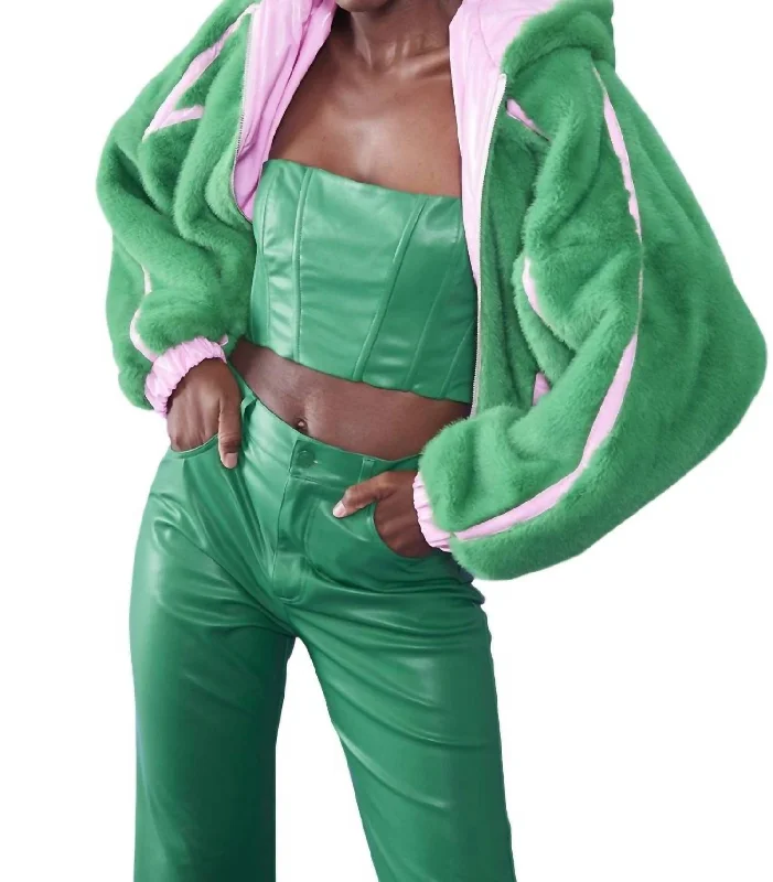 Faux Fur And Eco Leather Reversible Bomber Jacket In Green/pink