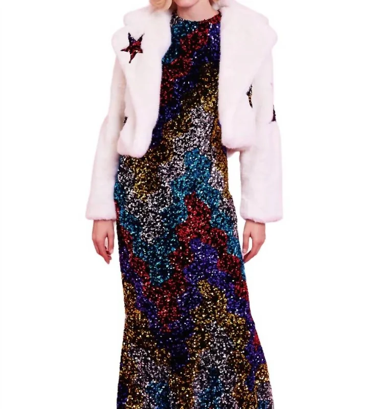 Faux Fur Sequins Star Jacket In White