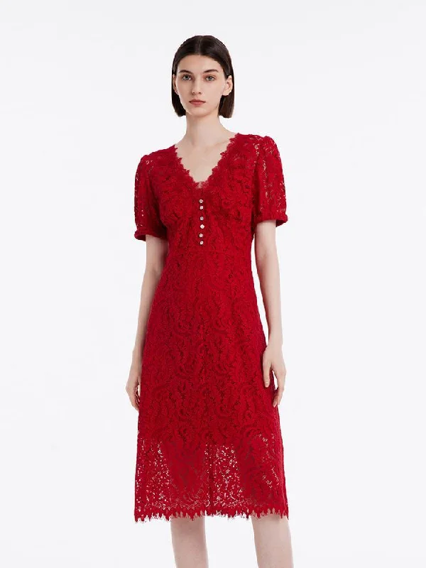 Lace V-Neck Mid Sleeve Dress