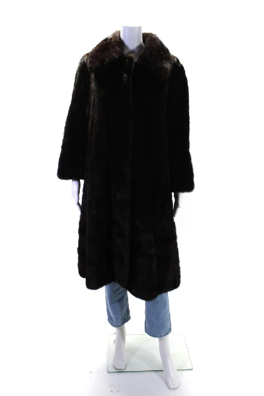 Minerva by Evans Womens Mink Fur Buttoned Collared Long Sleeve Coat Brown