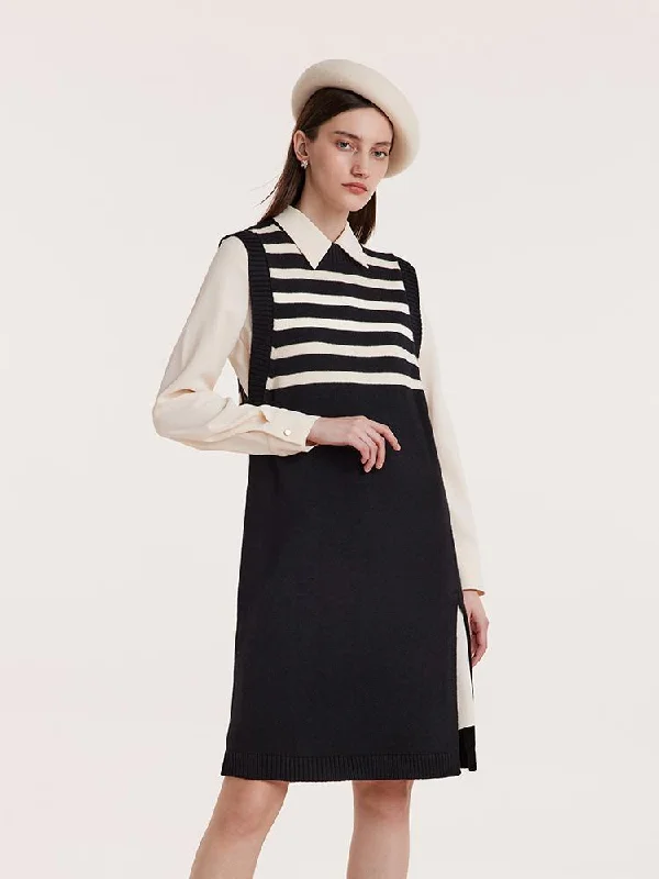 Women Shirt Dress And Striped Vest Two-Piece Set