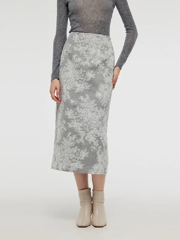 Silver Floral Jacquard Women Column Midi Skirt