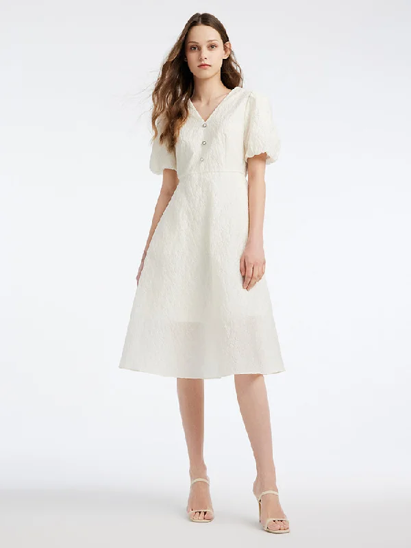 White V-Neck Princess Sleeve Jacquard Midi Dress