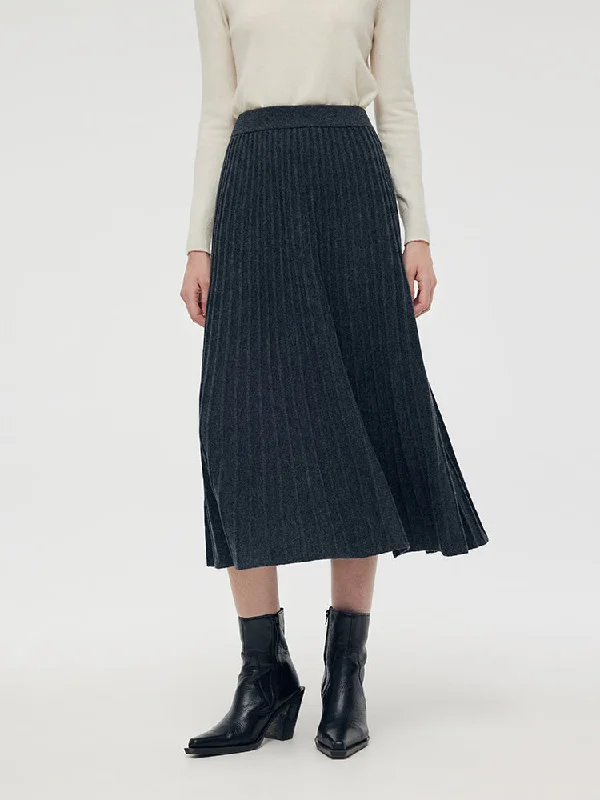 100% Wool A-Line Pleated Women Midi Skirt