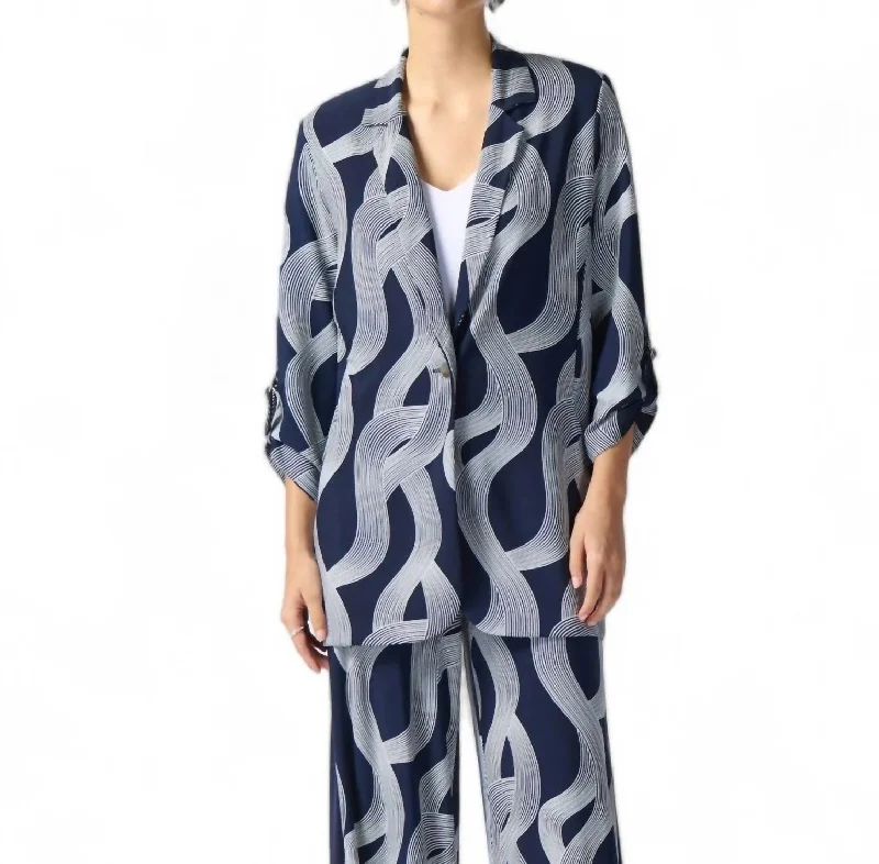 Abstract Print Longline Blazer In Midnight Blue/vanilla