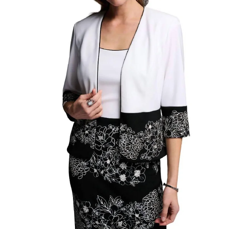 Floral Collared Blazer In White,black Trim