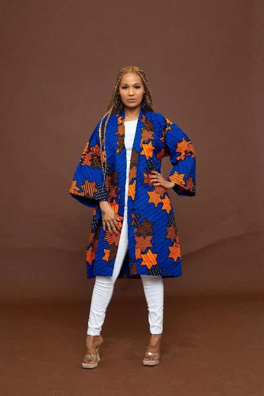 Lara Ankara Midi Kimono Jacket | Blue and Orange African Print